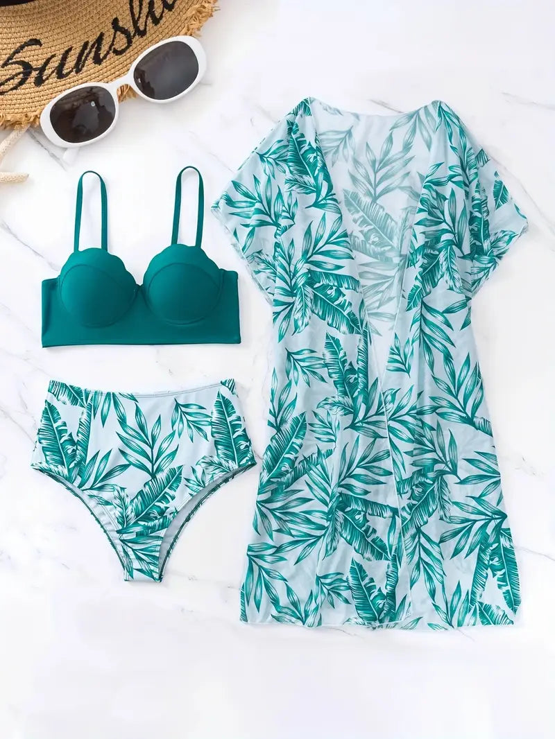 Soleil – 3-Piece Tropical Bikini Set with Beach Cover-Up