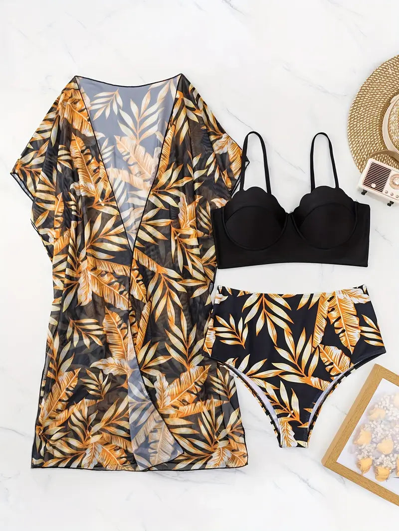Soleil – 3-Piece Tropical Bikini Set with Beach Cover-Up