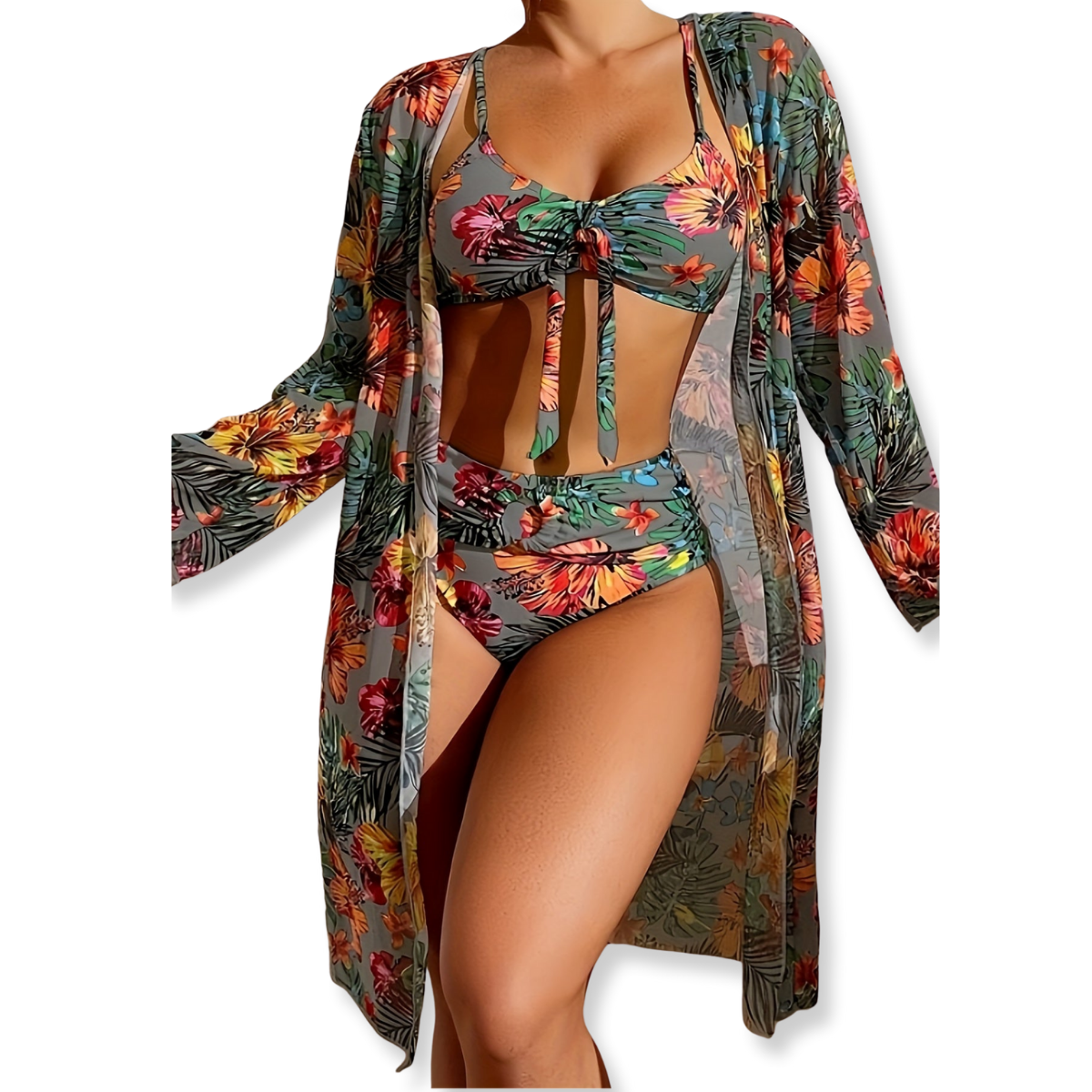 Isa – 3-Piece Tropical Bikini Set with Cover-Up