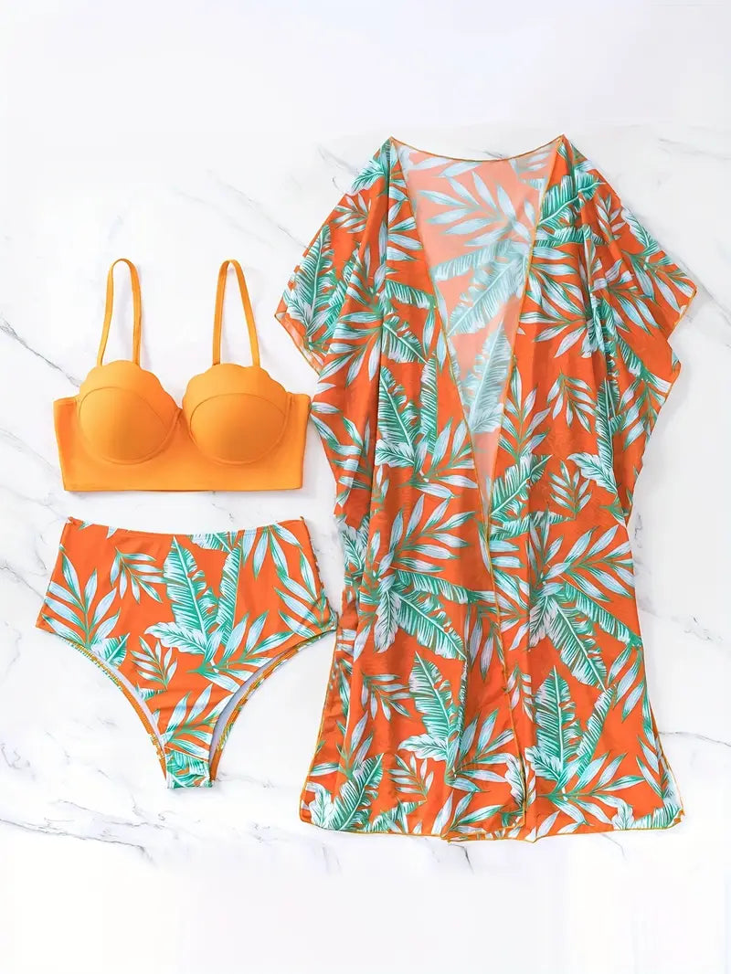 Soleil – 3-Piece Tropical Bikini Set with Beach Cover-Up