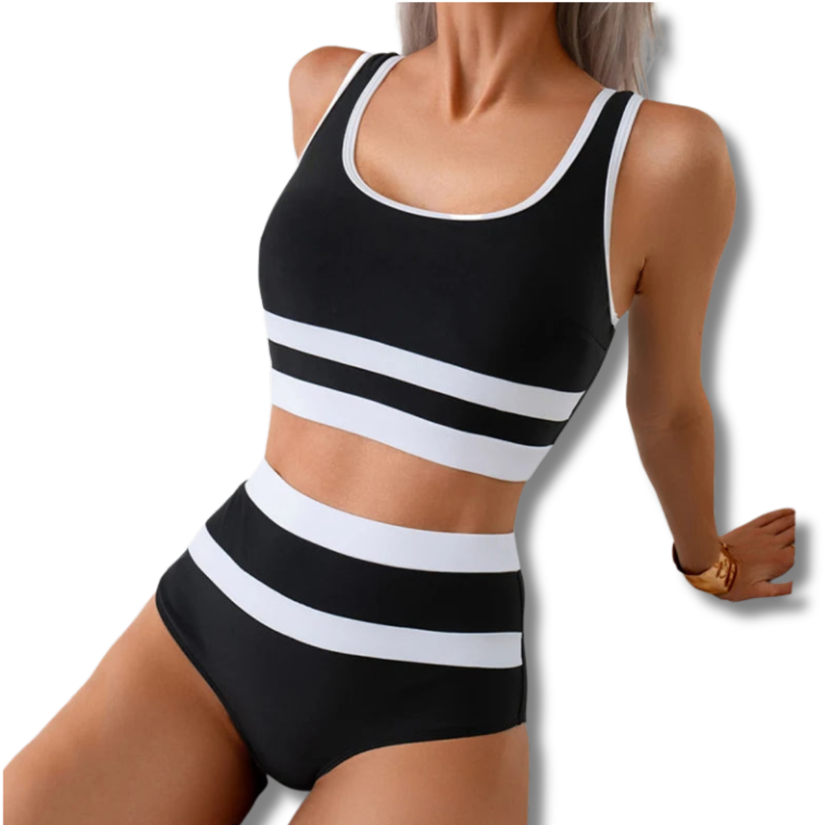 Nora – Sporty High-Waist Bikini with Contrast Stripes