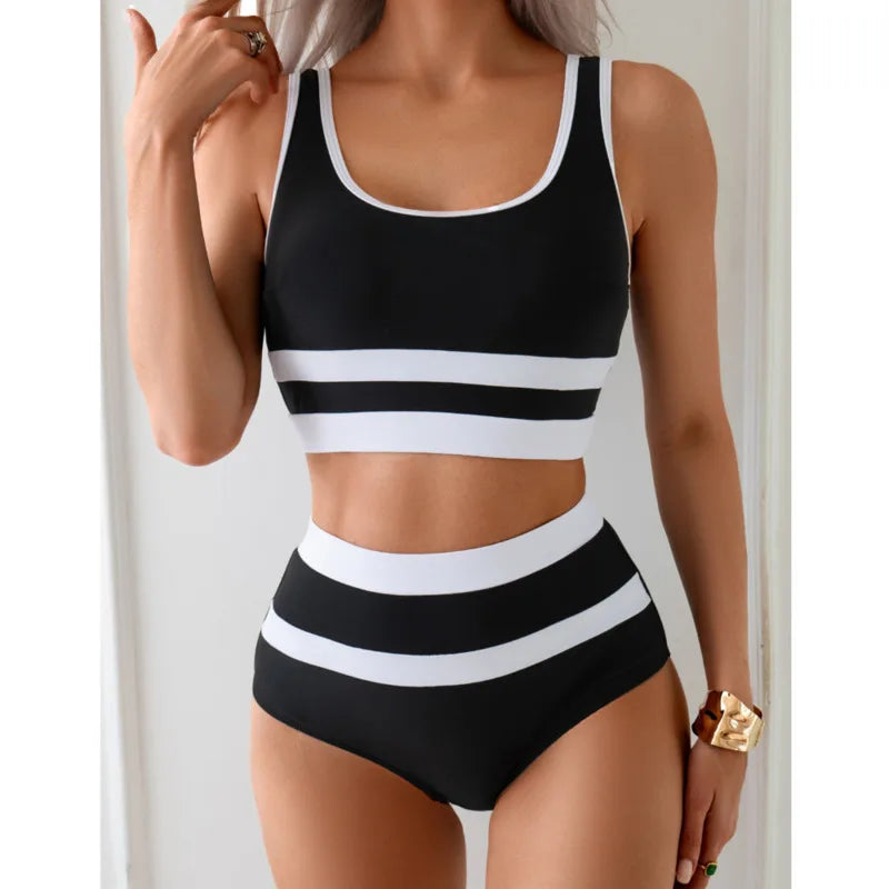 Nora – Sporty High-Waist Bikini with Contrast Stripes