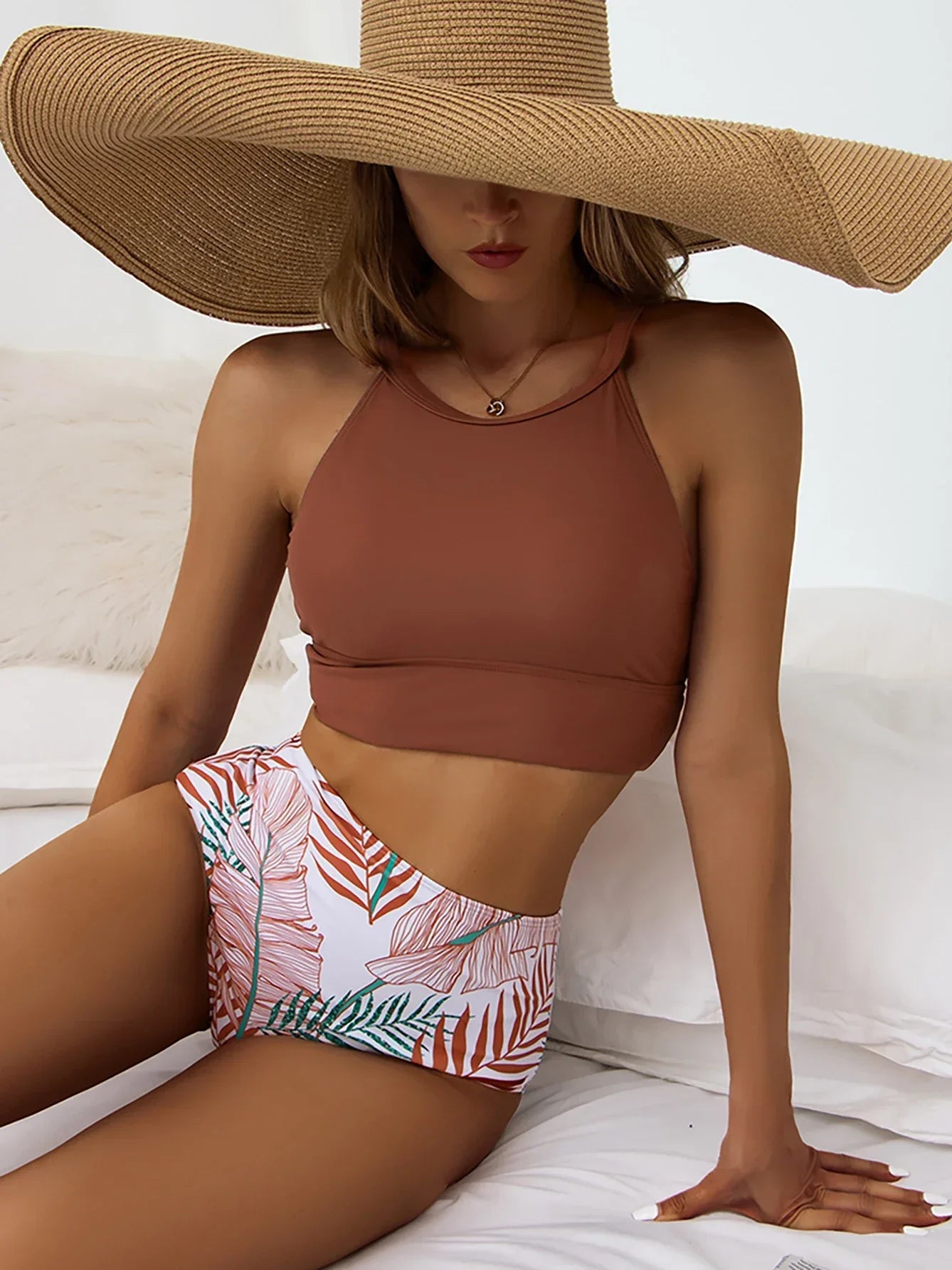 Nina – Floral High-Waist Bikini with High Neckline