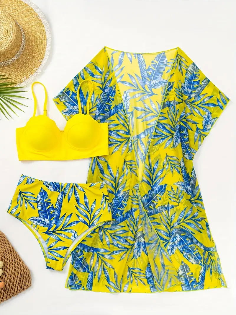 Soleil – 3-Piece Tropical Bikini Set with Beach Cover-Up