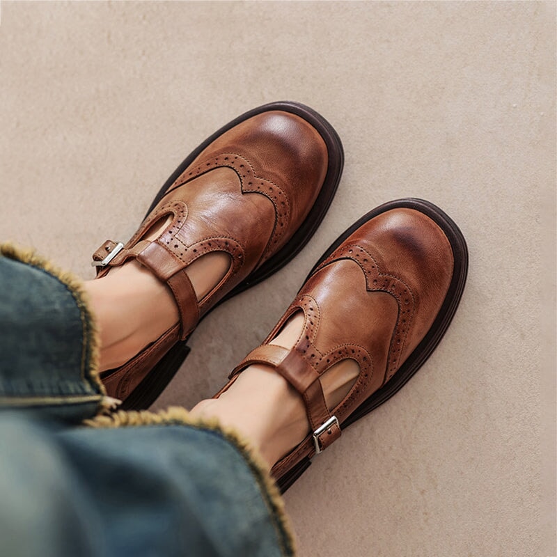 ELSBETH – Vintage Leather T-Bar Ballet Flats