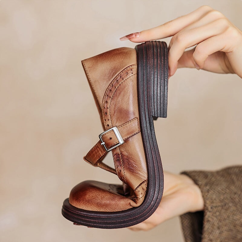 ELSBETH – Vintage Leather T-Bar Ballet Flats