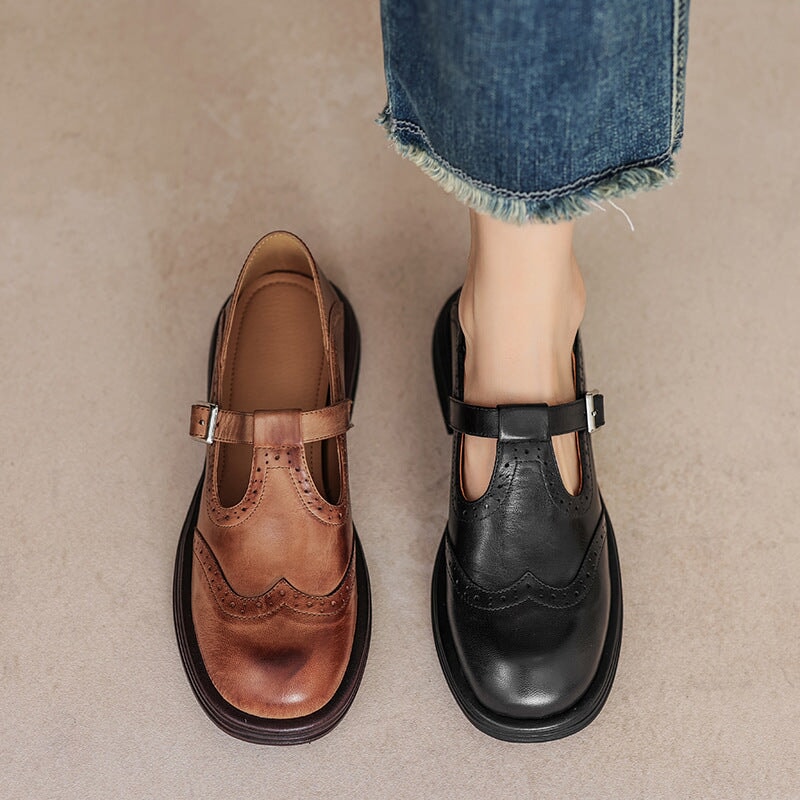 ELSBETH – Vintage Leather T-Bar Ballet Flats